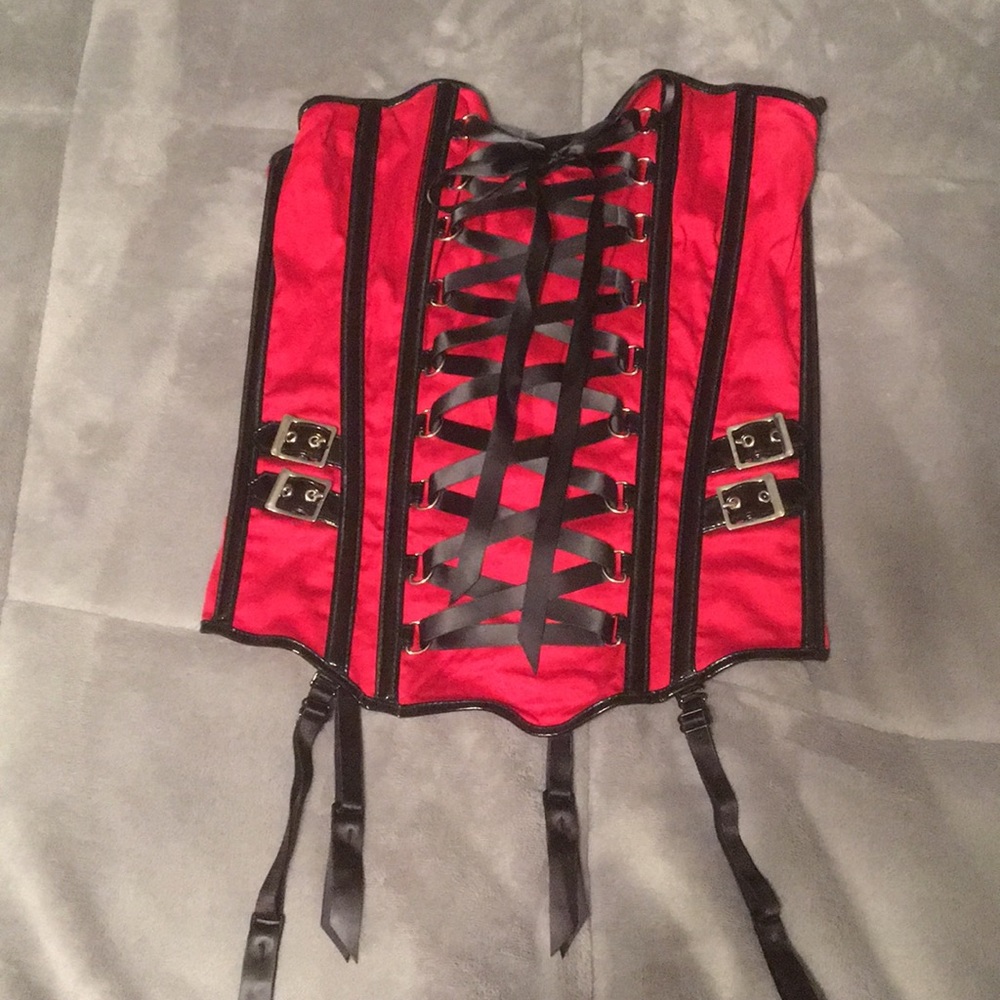 Red and black corset.